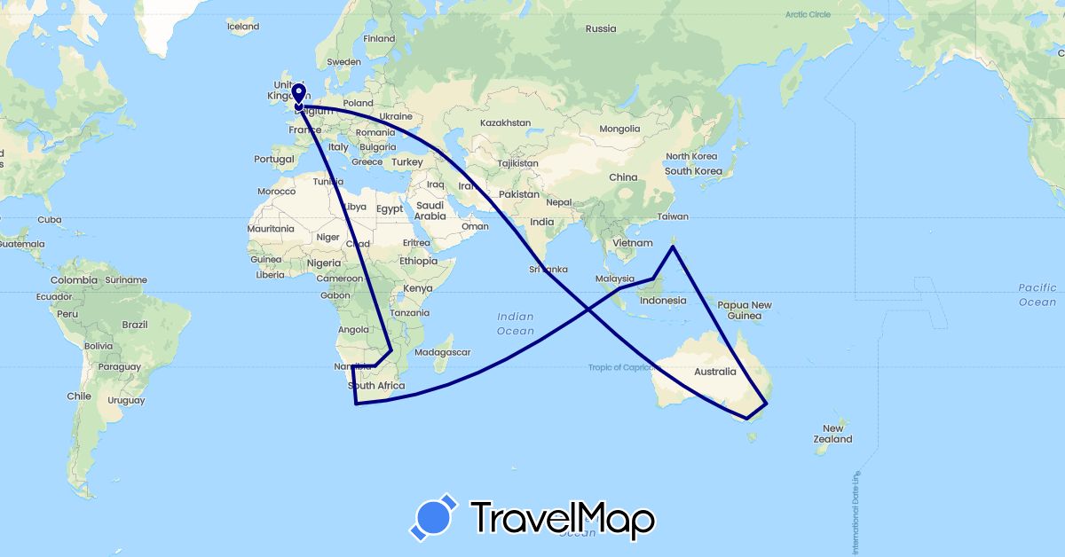 TravelMap itinerary: driving in Australia, Brunei, Botswana, United Kingdom, Georgia, Sri Lanka, Namibia, Philippines, Singapore, South Africa, Zimbabwe (Africa, Asia, Europe, Oceania)