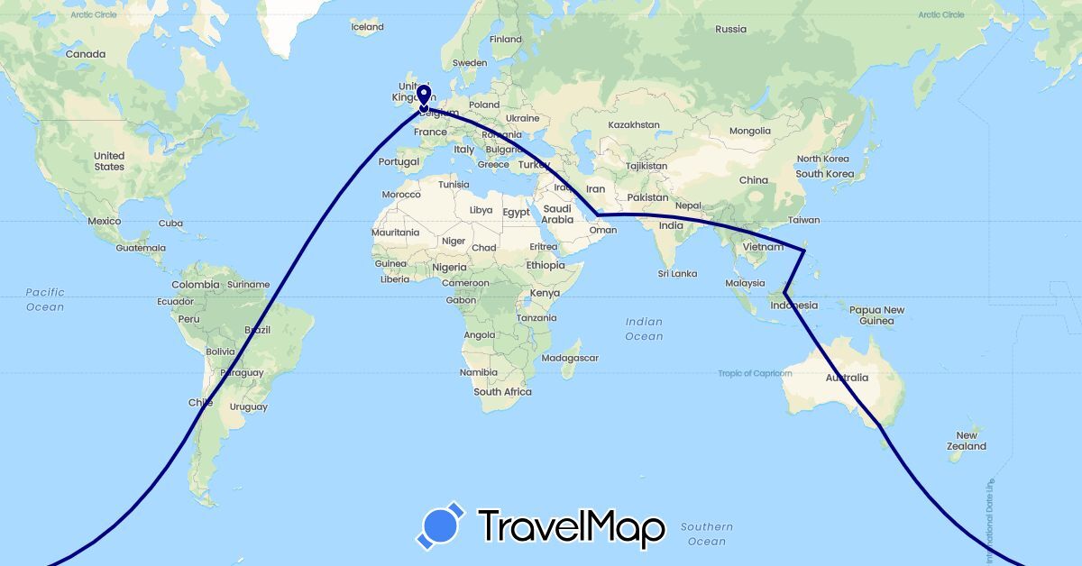 TravelMap itinerary: driving in United Arab Emirates, Australia, Chile, United Kingdom, Indonesia, Philippines (Asia, Europe, Oceania, South America)